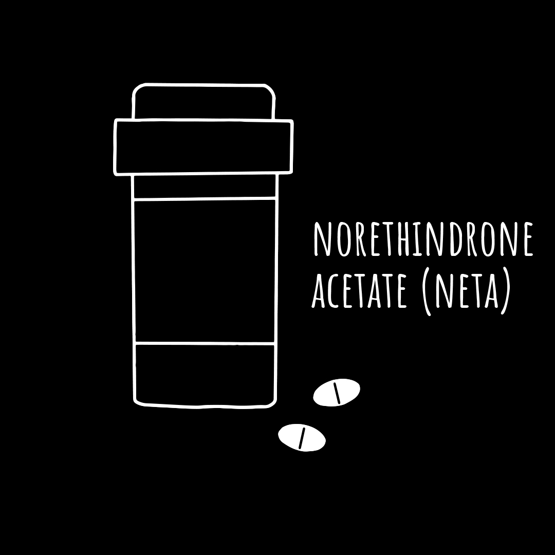 line illustration of Norethindrone Acetate (NETA) pill bottle